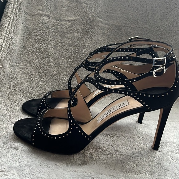 Jimmy CHOO dressy sandals Ivette 85 heel size 43 black suede w/micro studs - Picture 9 of 13